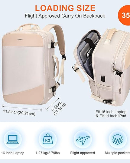 PIJUSHI Travel Backpack for Women Carry on Suitcase Backpack Flight Approved Personal Item Bag Fits 16 Inch Laptop(PE035 Beige)
