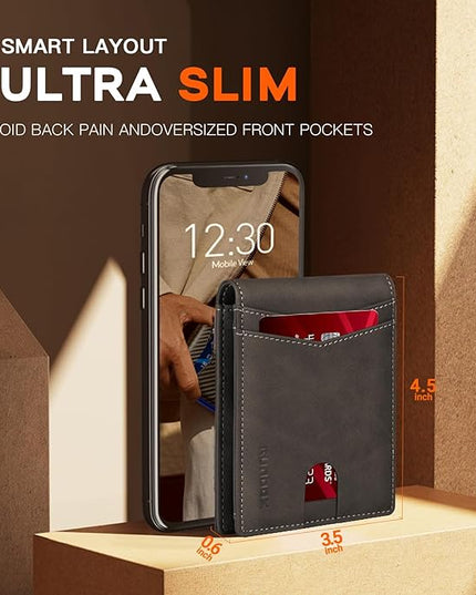 RUNBOX Wallet for Men Slim Leather Bifold RFID Blocking Minimalist Front Pocket Design with Gift Box