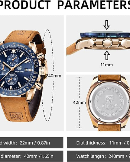 BY BENYAR Watch for Men Analog Quartz Chronograph Waterproof Luminous Designer Mens Wrist Watches Business Work Sport Casual Dress Watch with Silicone Strap Elegant Gifts for Men