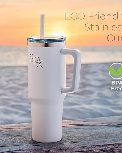 SIPX™ 40 oz Insulated Tumbler with Handle & Straw – Vacuum Insulated Stainless Steel, Leakproof, Cupholder Friendly – Perfect for Iced Coffee, Water & Travel – White