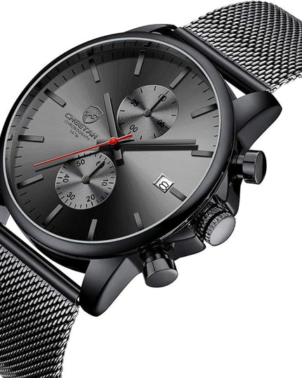 GOLDEN HOUR Mens Watch Fashion Sleek Minimalist Quartz Analog Mesh Stainless Steel Waterproof Chronograph Watches for Men with Auto Date