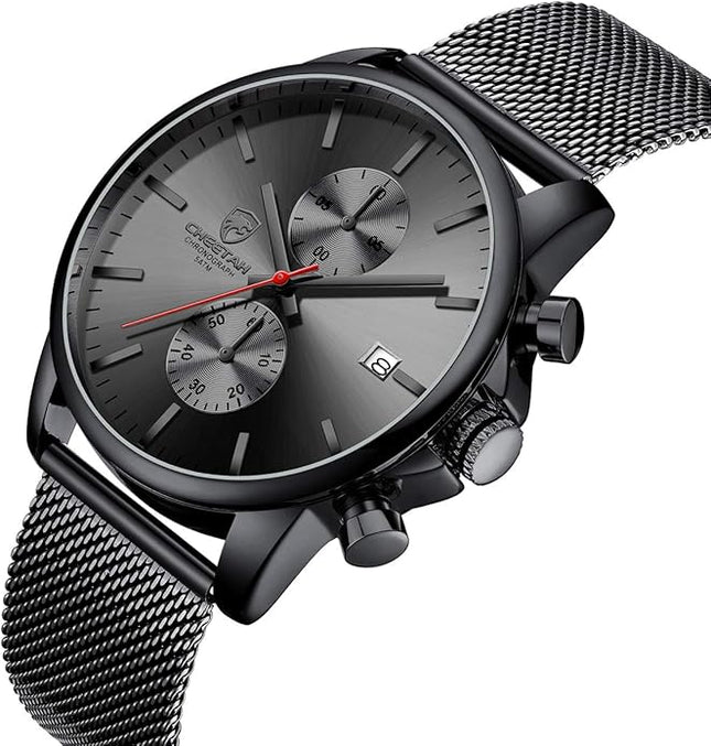 GOLDEN HOUR Mens Watch Fashion Sleek Minimalist Quartz Analog Mesh Stainless Steel Waterproof Chronograph Watches for Men with Auto Date