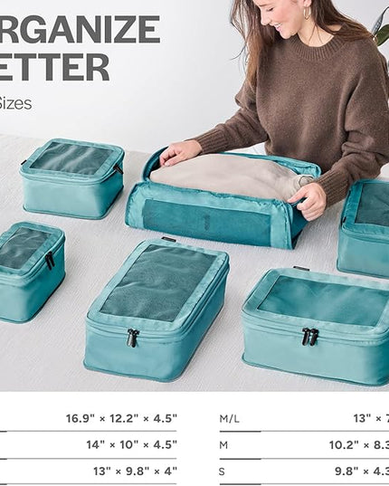 Aerotrunk Compression Packing Cubes for Travel - Luggage Organizer Bags - Double Zipper Packing Cubes for Suitcases (6-Pack, Teal)