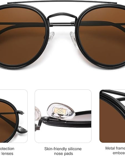 SOJOS Retro Vintage Round Polarized Sunglasses for Women Men Small Double Bridge Circle Sunnies SJ1104