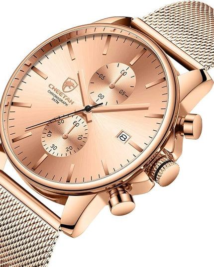 GOLDEN HOUR Mens Watch Fashion Sleek Minimalist Quartz Analog Mesh Stainless Steel Waterproof Chronograph Watches for Men with Auto Date
