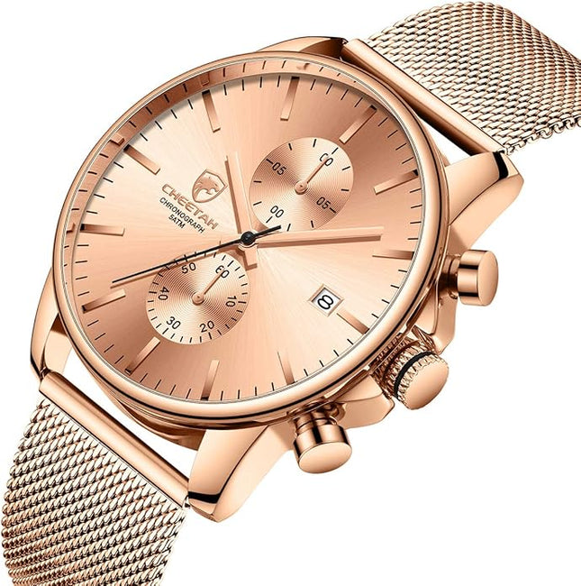 GOLDEN HOUR Mens Watch Fashion Sleek Minimalist Quartz Analog Mesh Stainless Steel Waterproof Chronograph Watches for Men with Auto Date