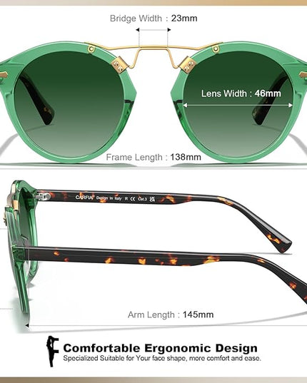 CARFIA Small Face Acetate Polarized Sunglasses for Women UV Protection, Retro Double Bridge Eyewears Metal Brow Round Sunnies