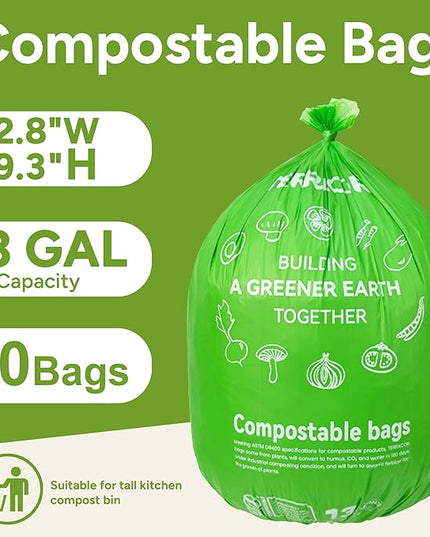 13 Gallon Compostable Trash Bags,50 Count, Heavy Duty Tall Kitchen Food Scrap Waste Bag,Certified BPI and ASTM D6400 Standard