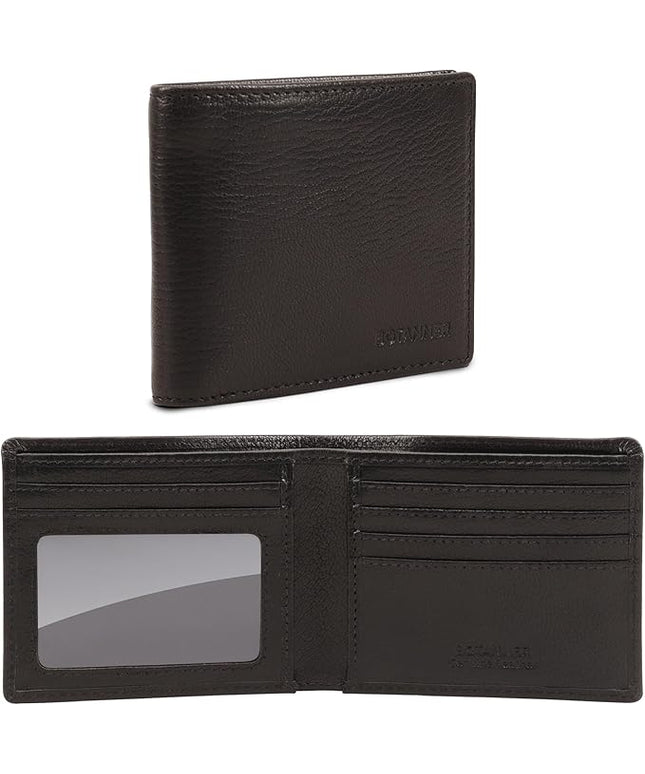 BOTANNER Genuine Leather Mens Bifold Wallet RFID Blocking 5 Credit Card Slots 1 ID Window 2 Sections for Bills 2 Additional Slots | Ink Black