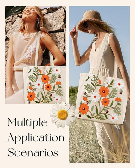Embroidery Canvas Tote Bag for Women - Reusable Totes with Pocket & Buckle Aesthetic Cute Grocery Shoulder Bag