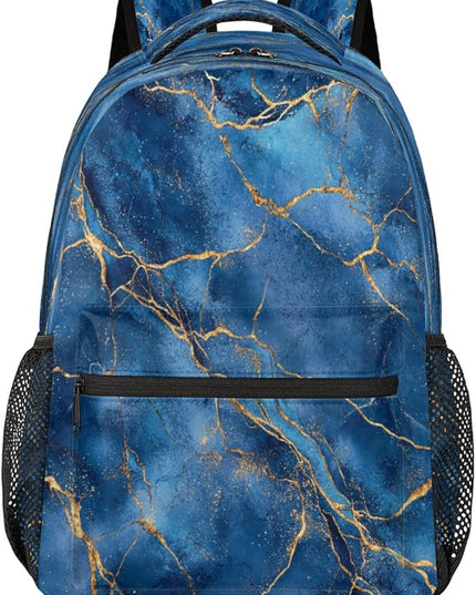 Large Backpack with 15.6 Inch Laptop Compartment, Blue Marble with Gold Veins Texture Adult Backpack for Work, Travel & School College Boys Girls