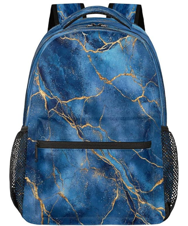 Large Backpack with 15.6 Inch Laptop Compartment, Blue Marble with Gold Veins Texture Adult Backpack for Work, Travel & School College Boys Girls