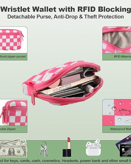 Clip and Go Strap for Phone with Wallet Crossbody, Adjustable Phone Lanyard with Detachable RFID Wristlet Wallet, Phone Strap with Phone Tabs for All Phones, Pink Checkered (M)