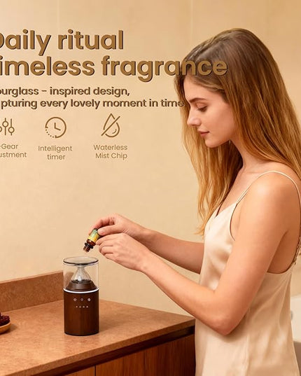 Waterless Nebulizing Essential Oil Diffuser, Real Glass and Solid Wood Portable Rechargeable Aroma Diffuser for Home Office Car, Luxury Gift Set with 10ml Lemon Oil