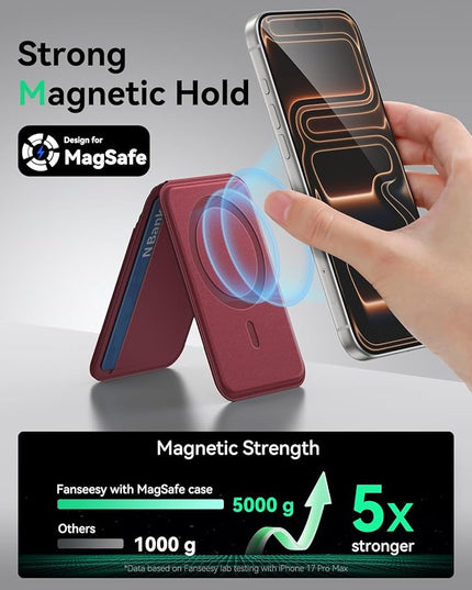 Fanseesy for MagSafe Wallet with Stand, 5 Card Holder, Slim Leather Magnetic Wallet for iPhone 17/16/15/14/13/12 Pro Max Plus Air Series, 3 Card Slots & 1 Cash Slot,WineRed