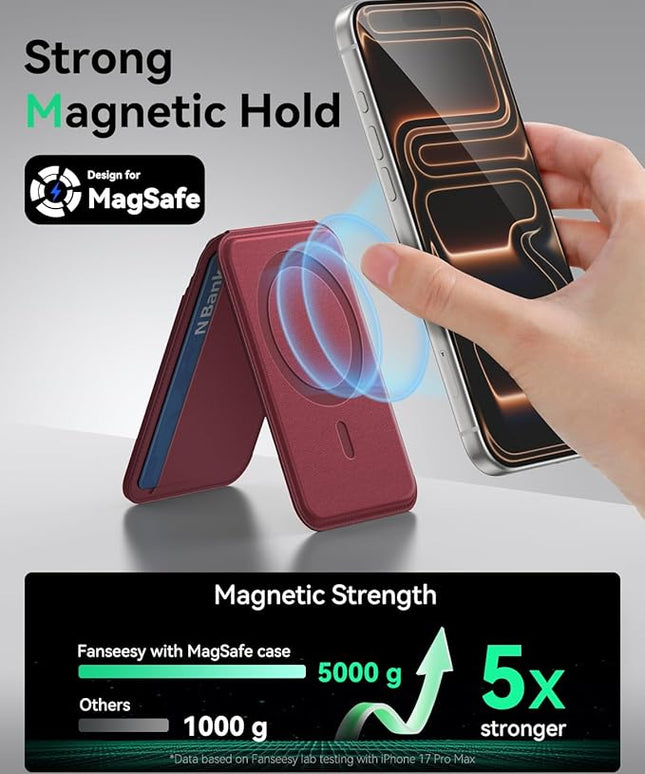 Fanseesy for MagSafe Wallet with Stand, 5 Card Holder, Slim Leather Magnetic Wallet for iPhone 17/16/15/14/13/12 Pro Max Plus Air Series, 3 Card Slots & 1 Cash Slot,WineRed
