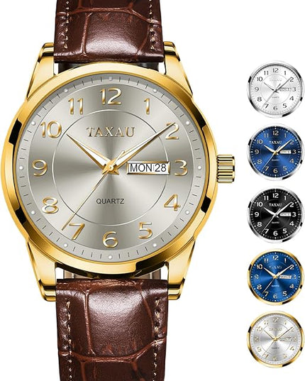 Men Dress Watch Waterproof Leather Watches for Men with Day Date Luxury Large Arabic Numerals Analog Quartz Classic Leather Watch Easy Read relojes para Hombres