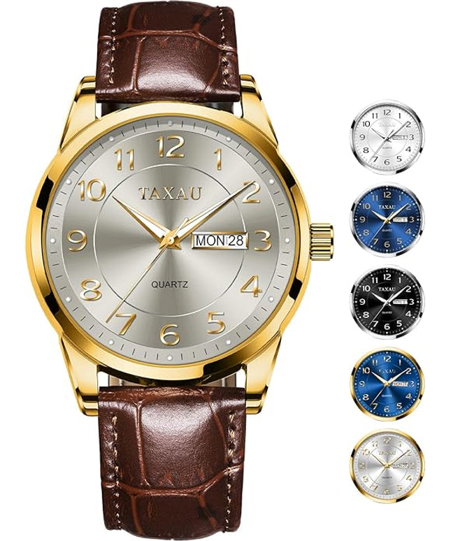 Men Dress Watch Waterproof Leather Watches for Men with Day Date Luxury Large Arabic Numerals Analog Quartz Classic Leather Watch Easy Read relojes para Hombres