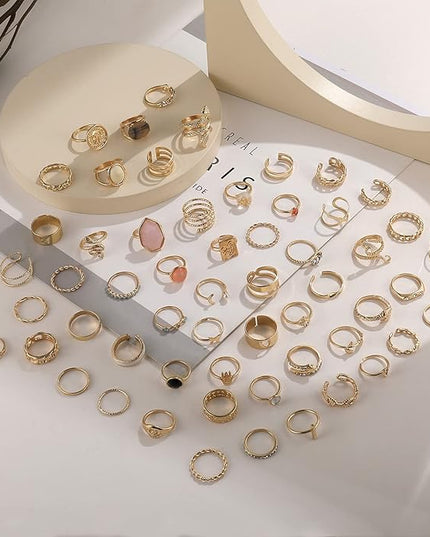 17KM 60 Pcs Gold Stacks Ring Sets for Women Non Tarnish, Dainty Vintage Stackable Rings Pack, Finger Midi Knuckle Rings for Jewelry Gift