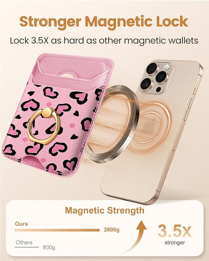 Shorogyt Compatible with Magsafe Wallet Magnetic Card Holder - Phone Wallets with Ring Grip Stand Cute Fashion for iPhone 17/16/15/14/13/12 Series for Women Girls Heart Row Design, Fit 3 Cards