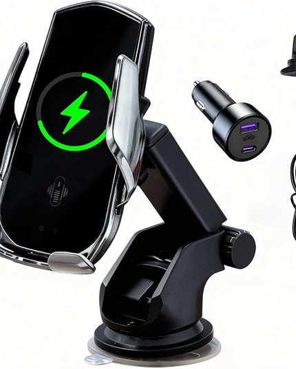 15W Fast Wireless Car Charger, Auto-Clamping Silver Car Phone Holder with Strong Suction Cup,360°Adjustable Dashboard/Windshield Mount for iPhone17-11&Samsung S Series Essential Car Accessories