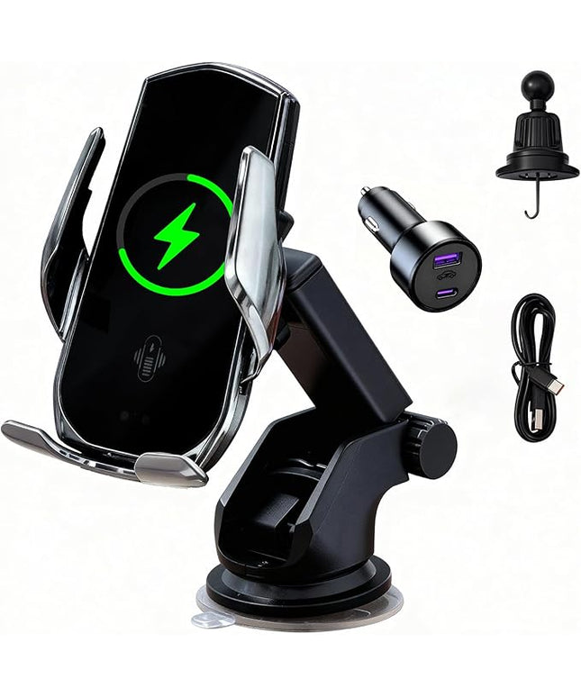 15W Fast Wireless Car Charger, Auto-Clamping Silver Car Phone Holder with Strong Suction Cup,360°Adjustable Dashboard/Windshield Mount for iPhone17-11&Samsung S Series Essential Car Accessories