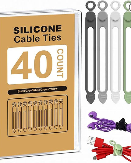 40Pcs Silicone Cable Ties with Box, Reusable Cord Organizer Rope, Elastic Cord Ties for Electronics, Essentials Straps Wires for Fastening Home Office Kitchen Travel Appliances