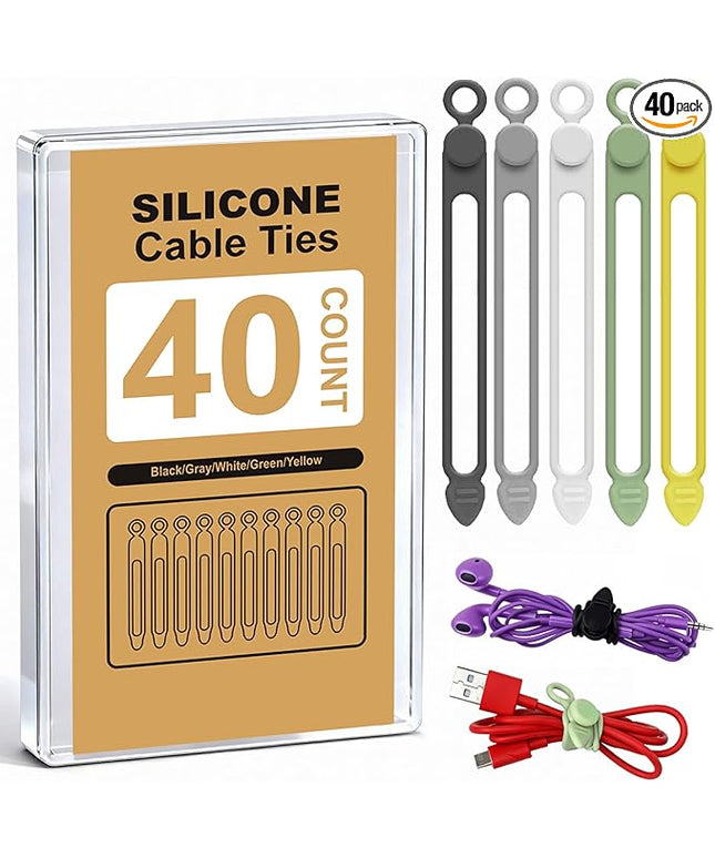 40Pcs Silicone Cable Ties with Box, Reusable Cord Organizer Rope, Elastic Cord Ties for Electronics, Essentials Straps Wires for Fastening Home Office Kitchen Travel Appliances