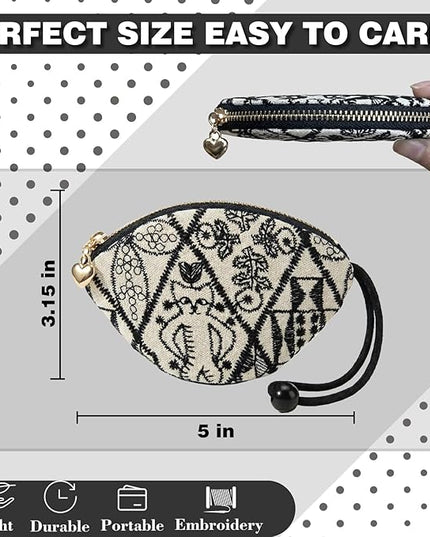 Embroidered Small Coin Purse for Women Girl,Vintage Cute Wallet Zipper Pouch,Handmade Aesthetic Oval Change Purse for Coins,Air-Tag,Small Jewelry Key with Pull-Out Key Ring