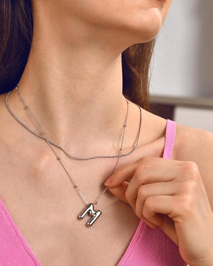 LUCA SMITH Initial Necklaces for Women, Dainty Balloon Bubble Letter, Name Letter Alphabet Pendant Layered Choker Chain Jewelry Gift