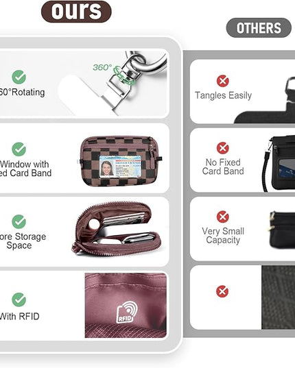 Clip and Go Strap for Phone with Wallet Crossbody Phone Lanyard and Detachable Checkered Bag with ID Window and RFID Pouch for Daily Travel.