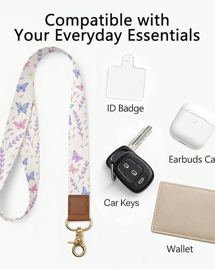 Cell Phone Lanyard with Wrist Strap, Floral Butterfly Neck Lanyard for Phones, Wallet, ID Badge and Car Keys – Universal Set