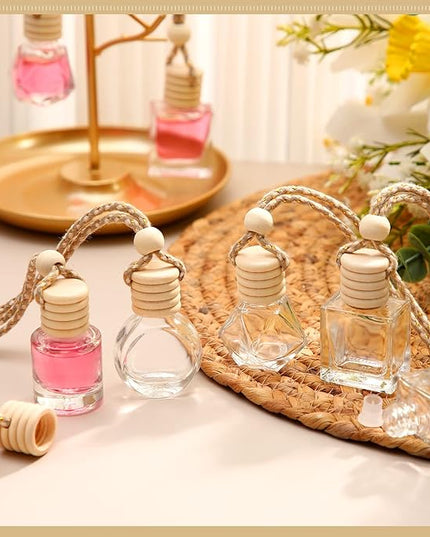 BOTO 100 Pcs Oil Air Freshener Diffuser with Wooden Cap Empty Essential Diffuser Aromatherapy Car Fresheners Clear Car Fragrance Holder Pendant Aesthetic Decor Hanging Perfume Bottle (Various Style)