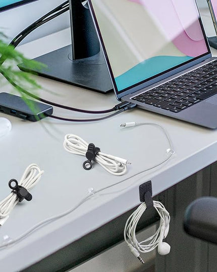48Pcs Cord Organizer Kit, Reusable Elastic Silicone Cable Ties, Strong Adhesive Cable Clips for Cable Management, Multipurpose Wire Management for Bundling and Fastening Various Wires (Black）