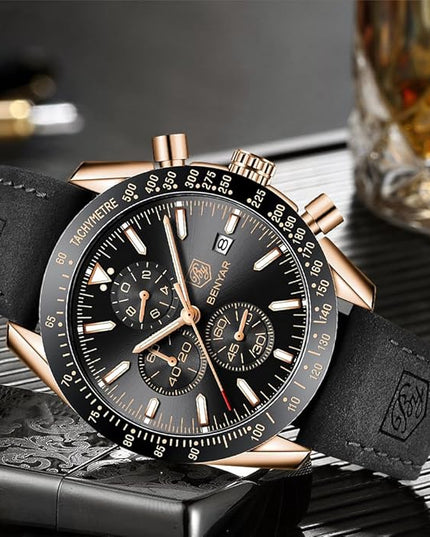 BY BENYAR Watch for Men Analog Quartz Chronograph Waterproof Luminous Designer Mens Wrist Watches Business Work Sport Casual Dress Watch with Silicone Strap Elegant Gifts for Men