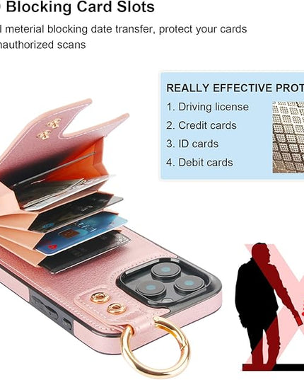 Folosu for iPhone 16 Pro Max Wallet Case with Card Holder, Hand Wrist Strap Loop Holder Kickstand, RFID Blocking Finger Grip Ring PU Leather Double Buttons Shockproof Cover 6.9" Rose Gold