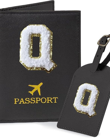 COSHAYSOO Black Passport Cover Holder and Initial Luggage Tag Set TSA Approved with Personalized Monogram Chenille Letter Patch for Women Teen Girls Couples, Preppy Travel Bag Suitcase Identifier (Q)