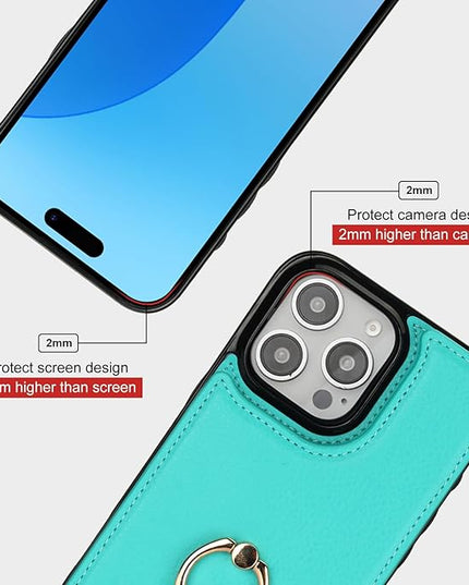 Folosu Compatible with iPhone 16 Pro Max Case Wallet with Card Holder, 360°Rotation Finger Ring Holder Kickstand, RFID Blocking Leather Protective Double Buttons Shockproof Cover 6.9 Inch Mint Green