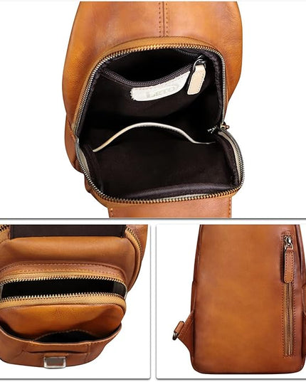 Genuine Leather Sling Bag for Women and Man Handmade Retro Hiking Crossbody Backpack Purse Chest Shoulder Daypack