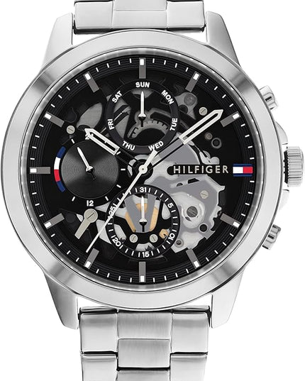 Tommy Hilfiger Men's Dressy Watch – Quartz Multifunction, Stainless Steel Case, Skeleton Dial, Link Bracelet – Gift for Him