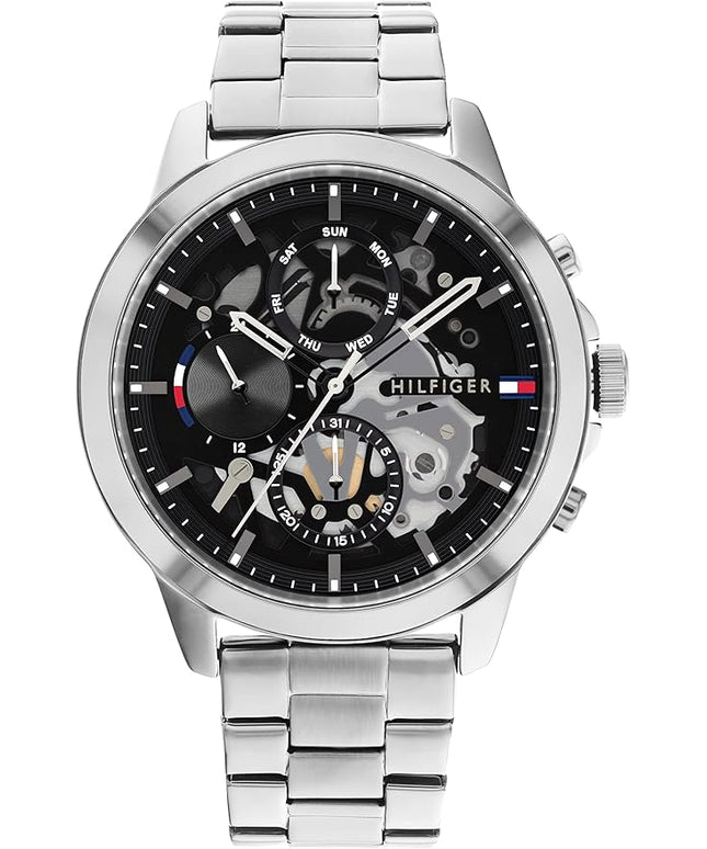Tommy Hilfiger Men's Dressy Watch – Quartz Multifunction, Stainless Steel Case, Skeleton Dial, Link Bracelet – Gift for Him