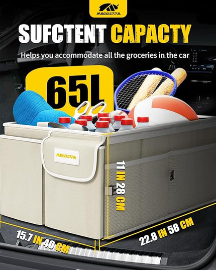 MIKKUPPA Car Trunk Organizer - 65L Collapsible Trunk Organizer with Lid, Sturdy Car Storage for SUV Auto Truck Van with Adjustable Straps and Non Slip Bottom (White)