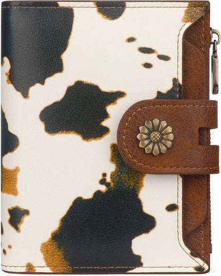 Blucoay Wallet Women,RFID Blocking Leather Womens Wallet Bifold Compact Small Wallet for Women Card Holder with Removable ID Window cowprint brown