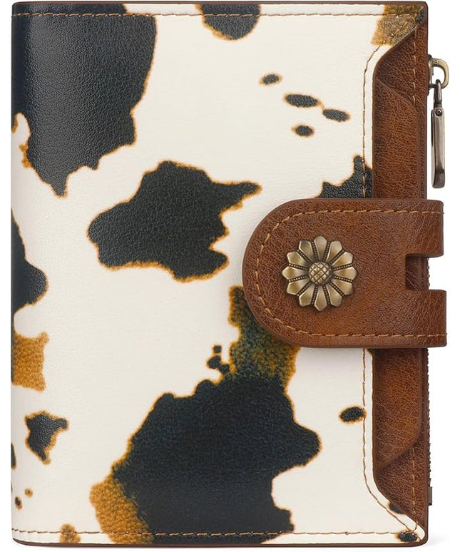 Blucoay Wallet Women,RFID Blocking Leather Womens Wallet Bifold Compact Small Wallet for Women Card Holder with Removable ID Window cowprint brown