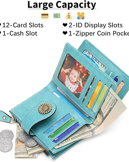 SENDEFN Small Womens Wallet Leather Bifold Card Holder RFID Blocking with Zipper Coin Pocket