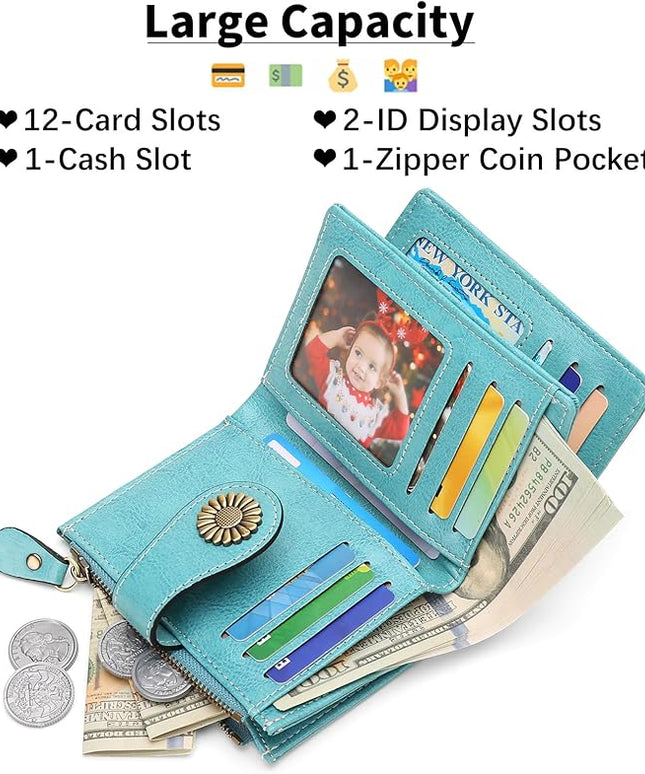 SENDEFN Small Womens Wallet Leather Bifold Card Holder RFID Blocking with Zipper Coin Pocket