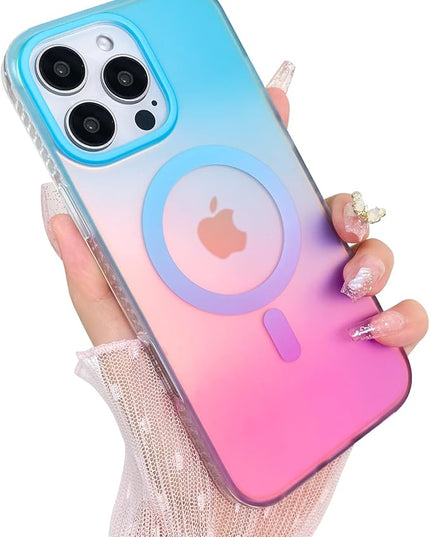 Aesthetic Case for iPhone 16 Pro Max Case for Women Girls, Compatible with Magsafe, Cute Girly Trendy Glitter Sparkly Rainbow Magnetic Protective Phone Cover, Matte Iridescent Blue & Pink