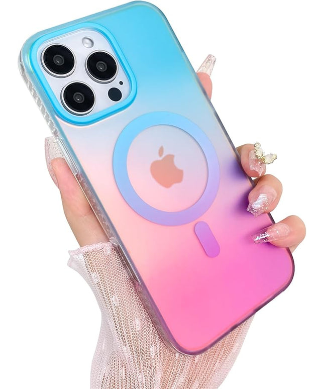 Aesthetic Case for iPhone 16 Pro Max Case for Women Girls, Compatible with Magsafe, Cute Girly Trendy Glitter Sparkly Rainbow Magnetic Protective Phone Cover, Matte Iridescent Blue & Pink