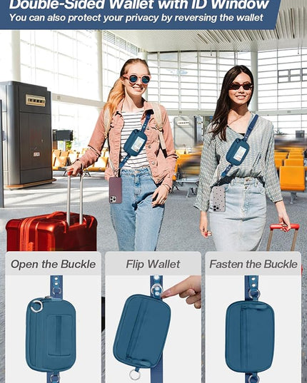 Clip and Go Strap for Phone with Wallet Crossbody Phone Lanyard Adjustable and Detachable RFID Wristlet Wallet with ID Window and Zipper, Blue