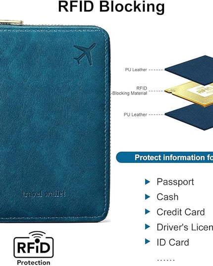 Passport Holder for Travel Women and Men RFID Passport Holder with Card Slots Holder Passport Case Passport cover Passport Wallet Travel Essentials and Accessories (Short Zipper, SZ-Blue)